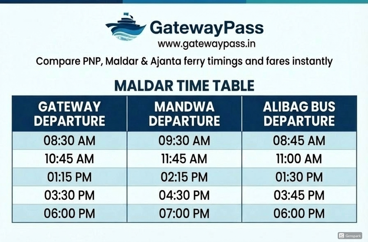 Maldar ferry timetable showing Gateway of India departure times at 08:30 AM, 10:45 AM, 01:15 PM, 03:30 PM, 06:00 PM and Mandwa departure times at 09:30 AM, 11:45 AM, 02:15 PM, 04:30 PM, 07:00 PM with Alibag bus connections
