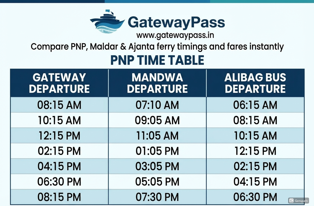 PNP ferry timetable showing Gateway of India departure times at 08:15 AM, 10:15 AM, 12:15 PM, 02:15 PM, 04:15 PM, 06:30 PM, 08:15 PM and Mandwa departure times at 07:10 AM, 09:05 AM, 11:05 AM, 01:05 PM, 03:05 PM, 05:05 PM, 07:30 PM with Alibag bus connections