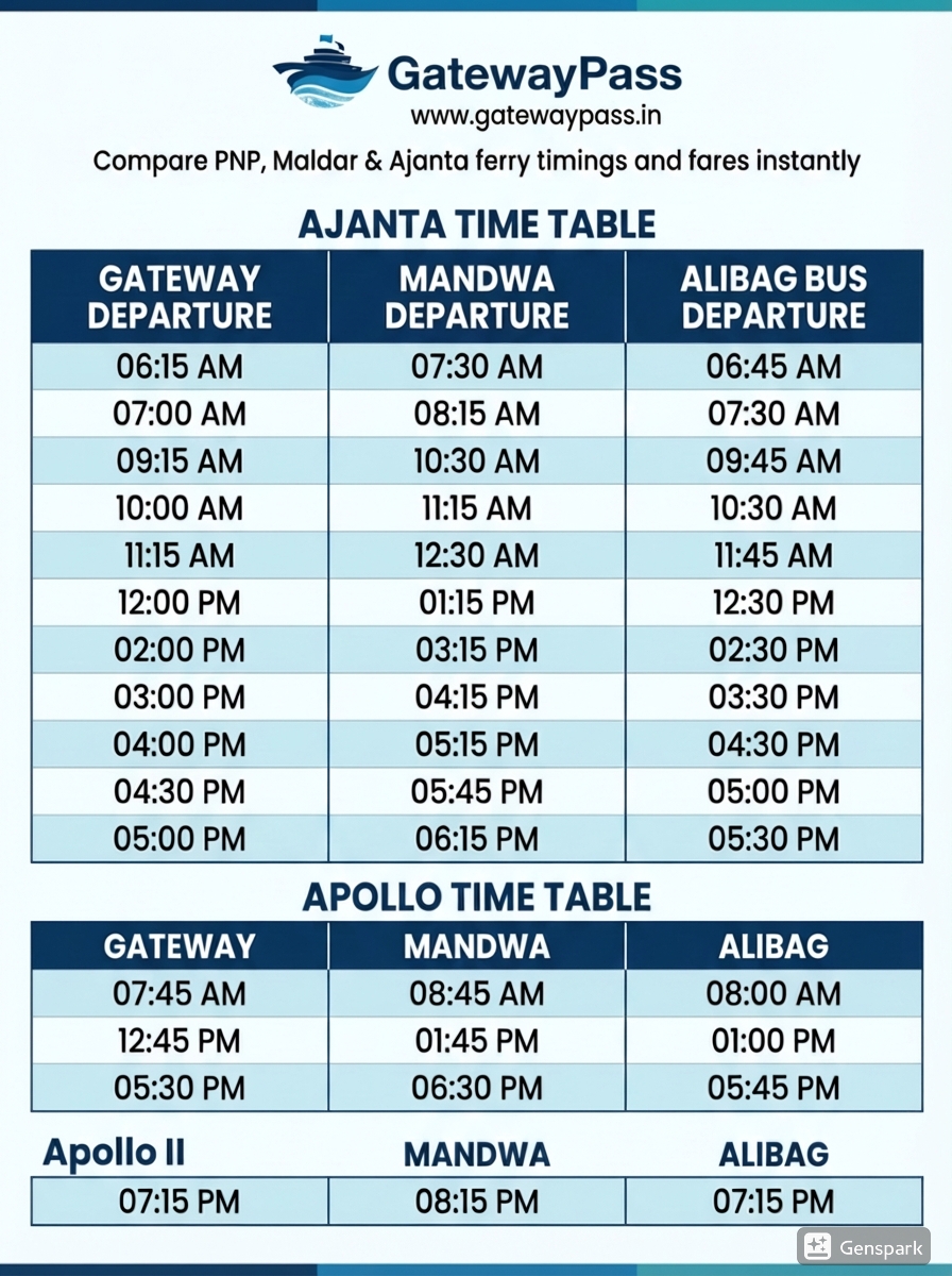 Ajanta ferry timetable showing Gateway of India departure times from 06:15 AM to 05:00 PM, Apollo departures at 07:45 AM, 12:45 PM, 05:30 PM, and Apollo II AC departure at 07:15 PM with Mandwa arrival and Alibag bus connections